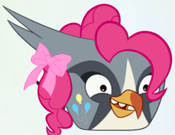 Size: 949x736 | Tagged: safe, artist:muhammad yunus, artist:tanahgrogot, imported from derpibooru, pinkie pie, bird, falcon, amused, angry birds, angry birds 2, balloon, bow, crossover, cursed image, cutie mark, hair, hair bow, happy, open mouth, open smile, peale's falcon, peregrine falcon, silver (angry birds), smiling, solo, teeth, wide eyes