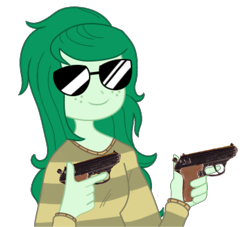 Size: 765x695 | Tagged: safe, artist:scampy, artist:somekindapete, edit, imported from derpibooru, wallflower blush, human, fanfic:accidentally in yeet, equestria girls, accidentally in yeet, female, finger gun, finger guns, gun, pez gun, simple background, solo, straight up thuggin, sunglasses, transparent background, weapon