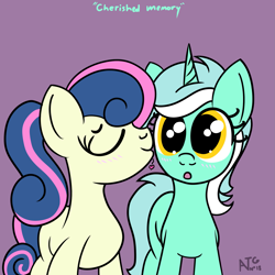 Size: 1999x1999 | Tagged: safe, artist:dafiltafish, imported from derpibooru, bon bon, lyra heartstrings, sweetie drops, earth pony, pony, unicorn, :o, atg 2021, blushing, cheek kiss, cute, eyes closed, female, floating heart, heart, kiss on the cheek, kissing, lesbian, lyrabon, mare, newbie artist training grounds, open mouth, ponytail, shipping