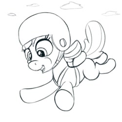 Size: 500x500 | Tagged: safe, artist:redquoz, imported from derpibooru, apple bloom, earth pony, pony, adorabloom, atg 2021, cute, female, filly, helmet, newbie artist training grounds, parachute, sketch, skydiving, solo