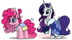 Size: 1142x640 | Tagged: dead source, safe, artist:cherritoppu, artist:maiii-san, imported from derpibooru, pinkie pie, rarity, earth pony, pony, unicorn, clothes, duo, eyelashes, female, horn, mare, messy mane, older, older pinkie pie, older rarity, raised hoof, simple background, smiling, transparent background