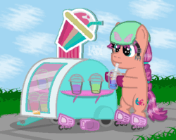 Size: 608x484 | Tagged: safe, artist:jazminakarainy, imported from derpibooru, sunny starscout, earth pony, pony, animated, bipedal, cart, cup, drinking, eye shimmer, female, g5, helmet, holding, roller skates, solo, standing