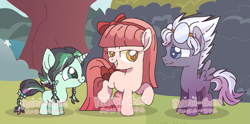 Size: 1407x698 | Tagged: dead source, safe, artist:cherritoppu, artist:maiii-san, imported from derpibooru, oc, earth pony, pegasus, pony, unicorn, braid, earth pony oc, female, goggles, grin, horn, mare, outdoors, pegasus oc, raised hoof, smiling, tree, unicorn oc, wings