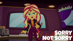 Size: 1280x720 | Tagged: safe, edit, edited screencap, editor:quoterific, imported from derpibooru, screencap, sunset shimmer, equestria girls, equestria girls series, sunset's backstage pass!, spoiler:eqg series (season 2), clothes, cutie mark, cutie mark on clothes, female, geode of empathy, magical geodes, music festival outfit, open mouth, smiling, solo, sorry not sorry