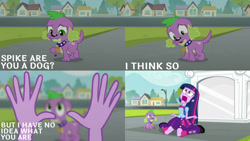 Size: 1280x720 | Tagged: safe, edit, edited screencap, editor:quoterific, imported from derpibooru, screencap, spike, twilight sparkle, dog, human, insect, ladybug, equestria girls, equestria girls (movie), boots, clothes, cutie mark, cutie mark on clothes, duo, female, female pov, male, meme origin, offscreen character, offscreen female, open mouth, pov, screaming, shoes, spike the dog, statue, twilight's human reaction, twilighting, twiscream