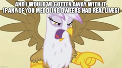 Size: 888x499 | Tagged: safe, edit, edited screencap, imported from derpibooru, screencap, gilda, griffon the brush off, season 1, caption, image macro, scooby doo, text