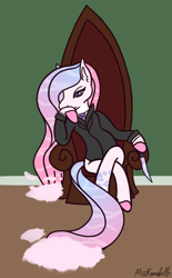 Size: 928x1500 | Tagged: safe, artist:misskanabelle, imported from derpibooru, oc, oc only, earth pony, semi-anthro, clothes, colored hooves, earth pony oc, female, knife, signature, sitting, solo, throne