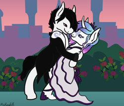 Size: 1750x1500 | Tagged: safe, artist:misskanabelle, imported from derpibooru, oc, oc only, earth pony, unicorn, abstract background, bipedal, clothes, curved horn, dancing, dress, earth pony oc, ethereal mane, flower, hoof fluff, horn, looking at each other, oc x oc, outdoors, rose, shipping, signature, smiling, starry mane, suit, unicorn oc