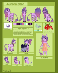 Size: 2667x3388 | Tagged: safe, artist:misskanabelle, imported from derpibooru, oc, oc only, oc:aurora star, anthro, pony, unguligrade anthro, unicorn, abstract background, anthro with ponies, base used, clothes, dress, ethereal mane, high res, horn, leonine tail, pointy ponies, reference sheet, signature, starry mane, unicorn oc
