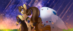 Size: 2268x958 | Tagged: safe, artist:loyaldis, imported from derpibooru, oc, oc:astral flare, pony, togekiss, umbreon, unicorn, cute, female, galaxy, hat, night, pokémon, pokémon trainer, shooting star