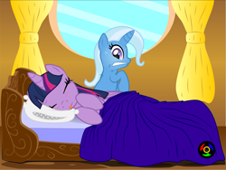 Size: 3901x2927 | Tagged: safe, artist:kyoshyu, imported from derpibooru, trixie, twilight sparkle, alicorn, pony, unicorn, bed, blushing, eyes closed, gritted teeth, high res, implied lesbian, implied shipping, implied twixie, shivering, sleeping, sweat, sweatdrops, tongue out, twilight sparkle (alicorn), waking up
