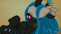Size: 1920x1078 | Tagged: safe, imported from derpibooru, screencap, queen chrysalis, changeling, changeling queen, frenemies (episode), season 9, blindfold, female, frown, open mouth, solo