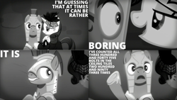 Size: 1280x720 | Tagged: safe, edit, edited screencap, editor:quoterific, imported from derpibooru, screencap, rarity, pegasus, pony, unicorn, rarity investigates, season 5, armor, black and white, clothes, dress, duo, female, grayscale, male, mare, monochrome, open mouth, out of context, royal guard, seduction, solo, stallion, teeth, what were they thinking, you know for kids