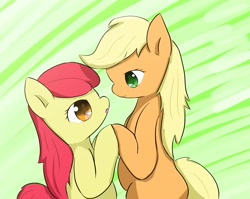 Size: 2996x2383 | Tagged: safe, artist:up_p_ab, imported from derpibooru, apple bloom, applejack, earth pony, pony, bipedal, duo, duo female, female, filly, hatless, high res, holding hooves, hooves together, mare, missing accessory, siblings