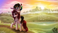 Size: 1920x1080 | Tagged: safe, artist:finalaspex, imported from derpibooru, oc, oc only, oc:cipher wave, oc:finalaspex, earth pony, pony, birthday, couple, cute, happy, ponies riding ponies, riding, scenery, scenery porn, smiling, sunset, walk