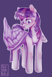 Size: 2510x3707 | Tagged: safe, artist:dikkaa, imported from derpibooru, twilight sparkle, alicorn, pony, female, frown, high res, mare, simple background, solo, solo female, spread wings, twilight sparkle (alicorn), wings