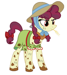 Size: 2269x2550 | Tagged: safe, alternate version, artist:third uncle, artist:three uncle, imported from derpibooru, hilly hooffield, earth pony, pony, the hooffields and mccolts, background pony, bow, clothes, female, hair bow, hat, high res, hooffield family, horse collar, mare, mud, muddy, pigtails, pose, simple background, solo, straw in mouth, sun hat, transparent background, vector