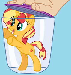 Size: 1194x1262 | Tagged: safe, artist:daisydizzbases, artist:jadeharmony, artist:jadethepegasus, imported from derpibooru, sunset shimmer, human, pony, unicorn, base used, bipedal, blue background, cup, female, hand, lid, mare, open mouth, raised hoof, simple background, solo, this will not end well