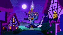 Size: 1280x720 | Tagged: safe, imported from derpibooru, screencap, do princesses dream of magic sheep, season 5, background, house, moon, night, no pony, ponyville, scenic ponyville, twilight's castle