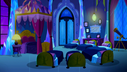 Size: 1280x720 | Tagged: safe, imported from derpibooru, screencap, do princesses dream of magic sheep, season 5, background, bed, bedroom, liminal space, night, no pony, scenic ponyville, telescope, twilight's castle