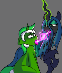 Size: 2446x2895 | Tagged: safe, artist:askhypnoswirl, imported from derpibooru, queen chrysalis, oc, oc:chain whip, changeling, changeling queen, pony, unicorn, canon x oc, chaisalis, changeling feeding, female, high res