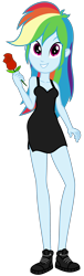 Size: 1100x3600 | Tagged: safe, artist:roseluck, imported from derpibooru, rainbow dash, human, equestria girls, black dress, braless, breasts, cleavage, clothes, collarbone, dress, equestria girls style, female, flower, full body, holding, inkscape, little black dress, looking at you, rainbow dash always dresses in style, raised arm, rose, shoes, short dress, show accurate, simple background, sleeveless, sleeveless dress, smiling, smiling at you, sneakers, solo, standing, transparent background, vector