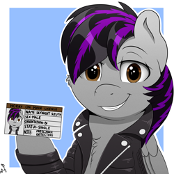 Size: 2000x2000 | Tagged: safe, artist:h3nger, imported from derpibooru, oc, oc only, oc:skynight sleuth, pegasus, pony, cheek fluff, chest fluff, clothes, folded wings, grin, high res, hoof hold, horny on main, jacket, leather jacket, lidded eyes, looking at you, male, signature, smiling, smiling at you, solo, wings