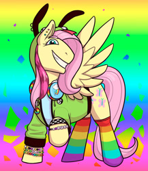 Size: 1280x1472 | Tagged: safe, artist:verikoira, imported from derpibooru, fluttershy, pegasus, pony, antonymph, bracelet, clothes, cutie mark accessory, female, fluttgirshy, gradient background, grin, headphones, implied rainbow dash, invader zim, jewelry, mare, pins, pride flag, rainbow background, rainbow socks, smiling, socks, solo, striped socks, yin-yang