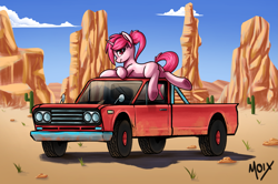 Size: 3141x2082 | Tagged: safe, artist:supermoix, imported from derpibooru, oc, oc only, oc:metralla, pony, unicorn, desert, high res, looking at you, simple background, solo, truck