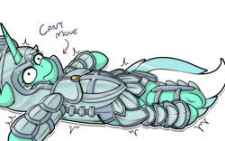 Size: 1920x1200 | Tagged: safe, artist:llametsul, imported from derpibooru, lyra heartstrings, pony, unicorn, armor, atg 2021, female, heavy, helmet, lying down, mare, newbie artist training grounds, on back, paralyzed, reality ensues, shrunken pupils, simple background, solo, stuck, underhoof, white background