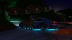 Size: 2560x1440 | Tagged: safe, artist:darky_wings, imported from derpibooru, oc, oc only, oc:kaspar, pegasus, pony, car, city, commission, female, mazda rx-7, mountain, neon, night