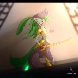 Size: 1600x1600 | Tagged: safe, artist:zidanemina, imported from derpibooru, captain celaeno, anthro, bird, parrot, my little pony: the movie, amputee, art trade, captain, clothes, female, hat, melee weapon, pirate, pirate hat, prosthetic leg, prosthetic limb, prosthetics, ship, smiling, solo, sword, weapon