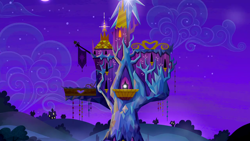 Size: 1280x720 | Tagged: safe, imported from derpibooru, screencap, do princesses dream of magic sheep, season 5, background, cloud, night, no pony, ponyville, scenic ponyville, twilight's castle