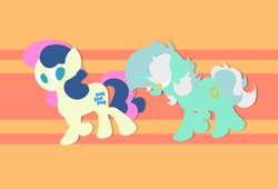 Size: 4114x2803 | Tagged: safe, artist:background basset, imported from derpibooru, bon bon, lyra heartstrings, sweetie drops, pony, unicorn, abstract background, duo, duo female, female, grin, happy, high res, lesbian, lineless, looking at each other, lyrabon, open mouth, open smile, orange background, running, shipping, simple background, smiling, smiling at each other