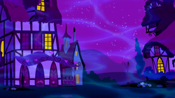 Size: 1280x720 | Tagged: safe, imported from derpibooru, screencap, do princesses dream of magic sheep, season 5, background, dream realm, house, night, no pony, scenic ponyville, tree