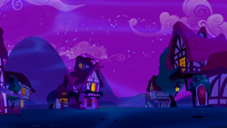 Size: 1280x720 | Tagged: safe, imported from derpibooru, screencap, do princesses dream of magic sheep, season 5, background, cloud, dream realm, house, night, no pony, ponyville, scenic ponyville