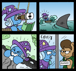 Size: 2158x2034 | Tagged: safe, artist:bobthedalek, imported from derpibooru, trixie, oc, earth pony, pony, shark, unicorn, atg 2021, binoculars, brooch, cape, clothes, comic, danger, hat, high res, implied swearing, jewelry, newbie artist training grounds, panic, polo shirt, rowboat, smug, trixie's brooch, trixie's cape, trixie's hat