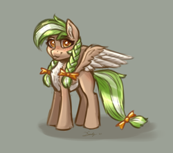 Size: 2806x2480 | Tagged: safe, artist:dandy, imported from derpibooru, oc, oc only, oc:sylvia evergreen, pegasus, pony, blushing, bow, braided pigtails, chest fluff, female, freckles, gray background, hair bow, high res, looking at you, mare, pale belly, pigtails, simple background, sketch, solo, two toned wings, white belly, wings