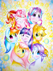 Size: 1920x2560 | Tagged: safe, artist:stardust0130, imported from derpibooru, applejack, fluttershy, pinkie pie, rainbow dash, rarity, starlight glimmer, sunset shimmer, twilight sparkle, earth pony, pegasus, pony, unicorn, applejack's hat, cowboy hat, eyes closed, female, hat, looking at you, mane six, mare, one eye closed, smiling