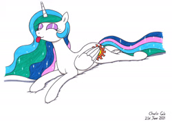 Size: 1920x1362 | Tagged: safe, artist:killerteddybear94, imported from derpibooru, princess celestia, alicorn, pony, :p, celestia day, cute, cutelestia, eyes closed, female, lying down, mare, prone, sillestia, silly, silly pony, simple background, smiling, solo, sploot, tongue out, traditional art, white background
