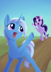 Size: 988x1394 | Tagged: safe, artist:dusthiel, imported from derpibooru, starlight glimmer, trixie, pony, unicorn, atg 2021, duo, duo female, female, newbie artist training grounds, open mouth, waving