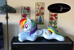 Size: 950x651 | Tagged: safe, artist:purplenebulastudios, imported from derpibooru, rainbow dash, pony, cute, dashabetes, irl, life size, lying down, photo, plushie, prone, solo