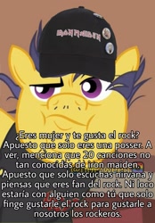 Size: 1749x2511 | Tagged: safe, edit, edited screencap, editor:notxweeb, imported from derpibooru, screencap, mint condition, pony, unicorn, acdc, beard, cap, clothes, facial hair, hat, iron maiden, male, meme, neckbeard, shirt, spanish, t-shirt, text, translated in the comments, watermark