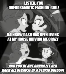 Size: 500x562 | Tagged: safe, edit, edited screencap, imported from derpibooru, screencap, pinkie pie, rarity, equestria girls, equestria girls series, rarity investigates: the case of the bedazzled boot, black and white, can you spare a dime?, choose your own ending (season 1), fedora, grabbing, grayscale, hat, implied rainbow dash, monochrome, rarity investigates (eqg): pinkie pie, spongebob squarepants, yelling