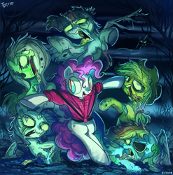 Size: 827x836 | Tagged: safe, artist:jowybean, imported from derpibooru, applejack, fluttershy, pinkie pie, rainbow dash, rarity, twilight sparkle, pony, undead, zombie, zombie pony, mane six, michael jackson, open mouth, thriller, tongue out