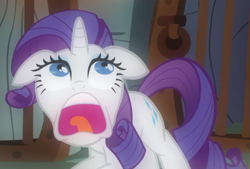 Size: 673x454 | Tagged: safe, screencap, rarity, pony, unicorn, a dog and pony show, cave, cropped, crouching, faic, open mouth, screaming, solo, stare, wide eyes