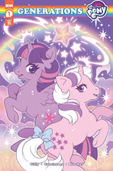 Size: 211x320 | Tagged: artist needed, safe, idw, imported from derpibooru, twilight sparkle, alicorn, pony, unicorn, spoiler:comic, spoiler:comicgenerations, bow, comic, comic cover, crossover, duo, duo female, female, females only, g1, g4 to g1, generation leap, logo, my little pony logo, my little pony: generations, rainbow, stars, tail bow, text, twilight (g1), twilight sparkle (alicorn)