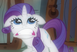 Size: 673x454 | Tagged: safe, screencap, rarity, pony, unicorn, a dog and pony show, cave, cropped, crouching, faic, gritted teeth, open mouth, solo, stare, wide eyes