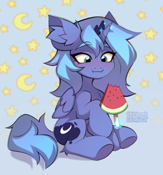 Size: 2128x2280 | Tagged: safe, artist:kirionek, imported from derpibooru, princess luna, alicorn, pony, cute, ear fluff, eating, eyebrows, eyebrows visible through hair, female, filly, foal, food, herbivore, high res, lunabetes, sitting, smiling, solo, watermelon, woona, younger