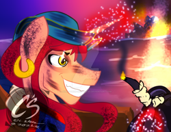 Size: 1024x792 | Tagged: safe, artist:adhiguna, artist:johnathon-matthews, imported from derpibooru, oc, oc:khunis jirall, alicorn, cannon, deviantart watermark, hat, jewelry, obtrusive watermark, pirate, sea of thieves, ship, watermark